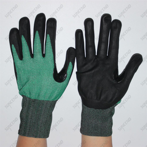 New Designed Green Color Thumb Reinforced Sandy/foam Finish Nitrile Coated Cut Resistant Gloves