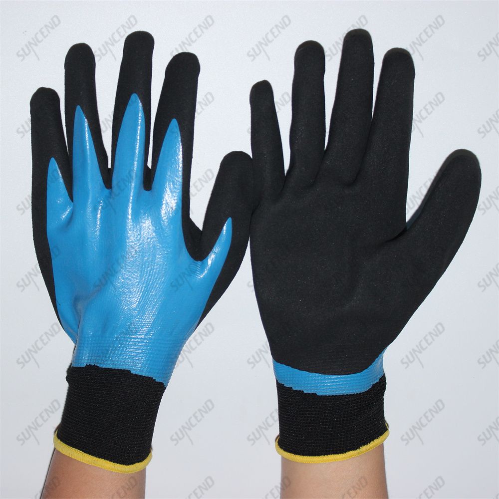 13 Gauge Polyester Shell Double Nitrile Fully Coated Waterproof Oil Resistant Work Gloves