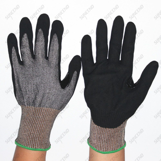 15 Gauge HPPE Seamless Knit Black Nitrile Palm Coated Sandy Finish With Nitrile Rubber Thumb Reinforced Cut Resistant Gloves