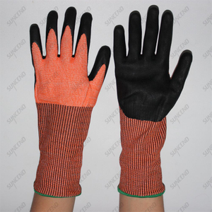 2024 New Designed Long Cuff Cut Resistant Gloves Hi-viz Orange Liner Sandy Nitrile Palm Coated