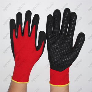15 Gauge Red Nylon+spandex Lining Black Foam Nitrile Palm Coated PVC Dotted Gloves