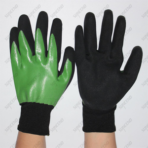 Green+black Double Nitrile Fully Coated Sandy Finish Waterproof Oil Resistant Gloves with 13 Gauge Nylon/polyester Liner