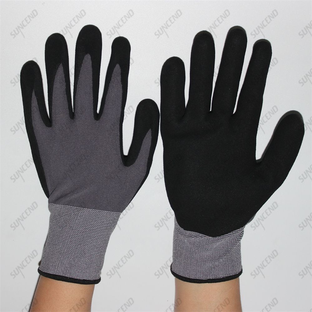 15 Gauge Nylon+ Spandex Liner Sandy Nitrile Coated Palm Work Gloves 