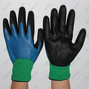 Blue+black Double Nitrile Fully Coated Foam Finish Waterproof Oil Resistant Gloves with 13 Green Gauge Nylon/polyester Liner